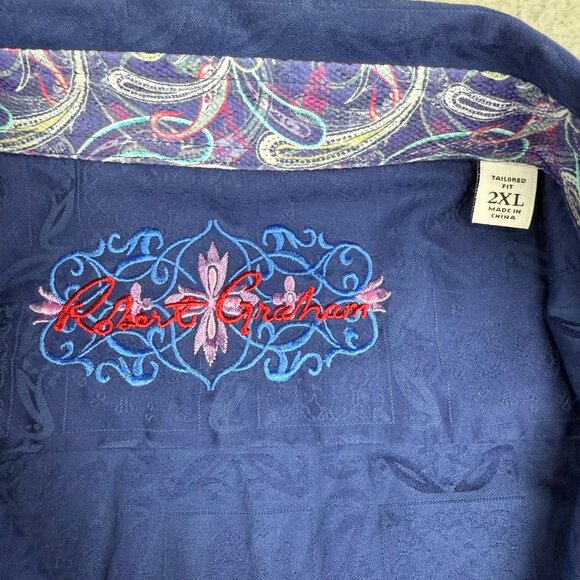 Robert Graham Shirt Mens 2XL XXL Navy Blue Geometric Flip Cuff Dress Button Up 1 - Picture 4 of 11
